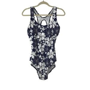 TYR Swimsuit One Piece Size 14 Blue/White Floral‎ Racerback Pool Exercise Aqua